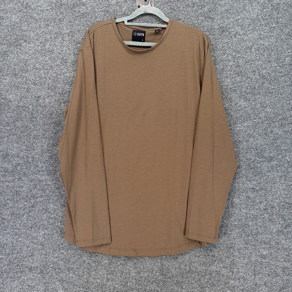 Cuts Long Sleeve Shirt Mens XL Brown Curved Hem Crew Neck Tee Casual Basics